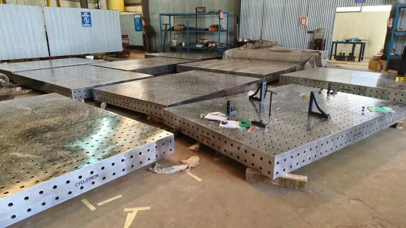 Large metal tooling plates in the DVS workshop